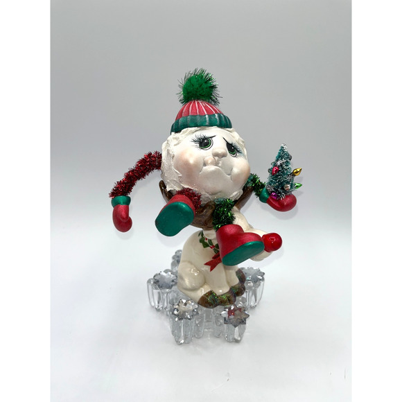 Vintage Ceramic Snowball Sitting in Rudolphs Antlers Mikasa Glass Snowflake OOAK - Picture 6 of 16